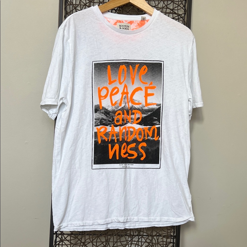 Scotch & Soda Amsterdam Love Peace & Randomness Cotton/Linen White Orange Tee L